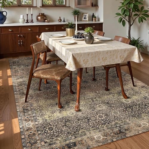 Washable Area Rug 9' x 12' Vintage Traditional Persian Mat - Foldable Distressed Non-Slip Machine Washable Carpet for Living Room Bedroom Kitchen Home Decor - Umber and Slate