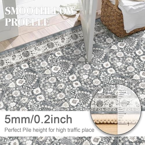 3x5 Entryway Area Rug: Light Blue & Grey Persian Floral Small Area Rugs, Washable Non-Slip Throw Rug,Under Table Carpet Rugs for Bedroom 3x5,Kitchen Mat