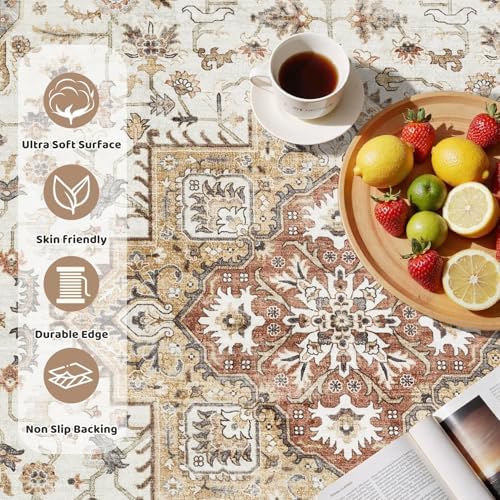 cotiled 6ft Round Living Room Area Rug, Washable, Traditional, Golden Taupe