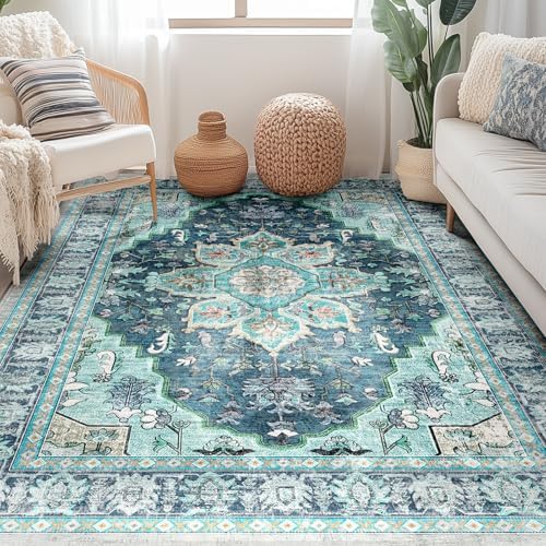 BESTSWEETIE Washable Boho 4x6 Area Rug for Living Room, Teal Dark Green