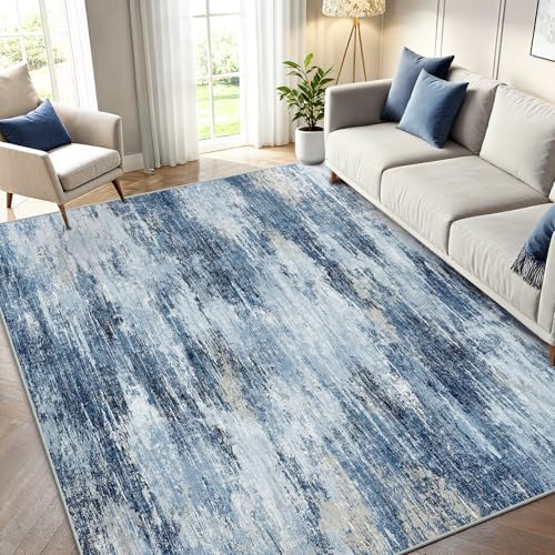 5x7 Area Rug Living Room, Modern Washable Indoor Carpet Blue