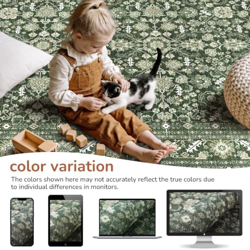 OPPODREAM Vintage Dark Green Area Rugs 4' Round, Washable Rug for Living Room