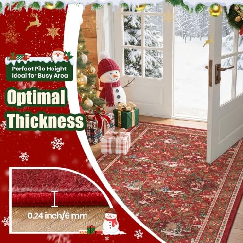 2x10 Christmas Runner Rug for Hallway,Washable Kitchen Rugs,Red