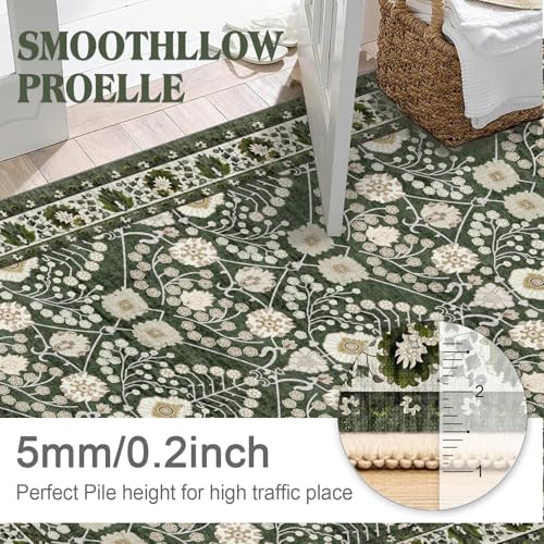 Non-Slip Runner Rug 2x6 for Kitchen: Carpet Runners for Hallway 6ft Washable Floral Boho Low Pile Soft Dark Green Rugs - Botanical Indoor Mats for Entryway Laundry Bedroom Bathroom
