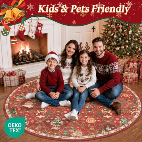 5x5 Washable Round Rugs for Living Room, Red Christmas Bedroom Area Rug