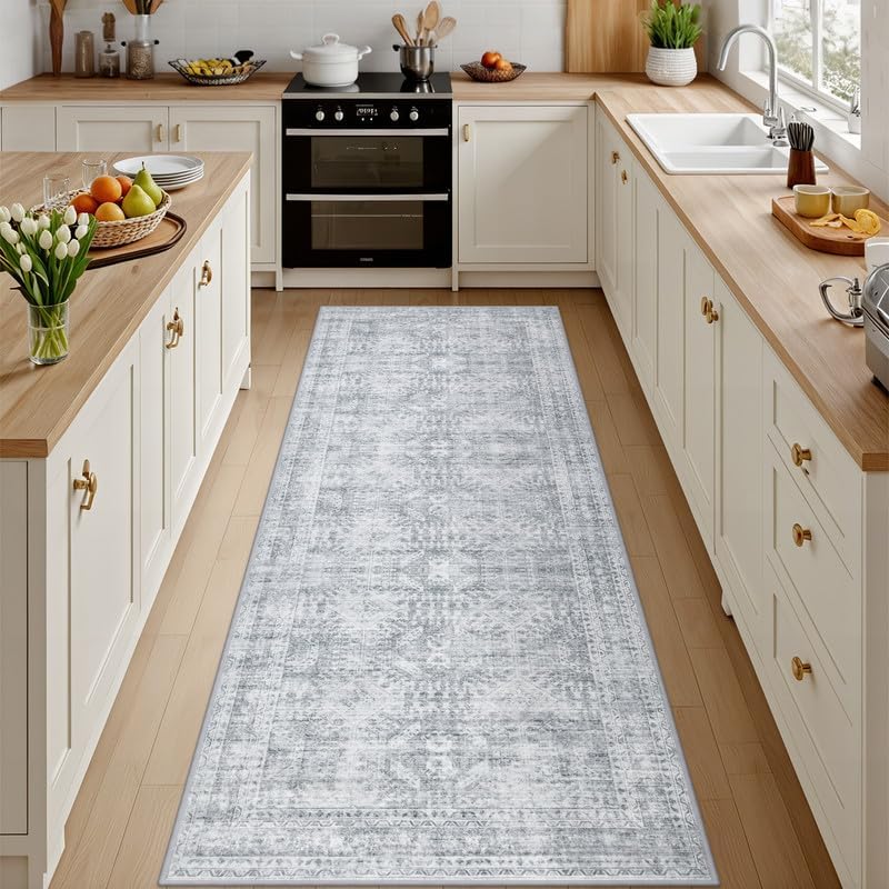 2'6''x8' Hallway Washable Runner Rug: Neutral Kitchen Carpet Gray