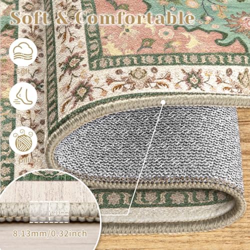8x10 Area Rugs for Living Room: Washable Large Vintage Floral Rug Low Pile Non-Slip Boho Carpet for Bedroom Dining Home Office (RedGreen, 8'x10')