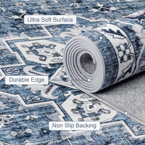 6x6 Area Rugs Living Room: Washable Vintage Rug for Bedroom Blue