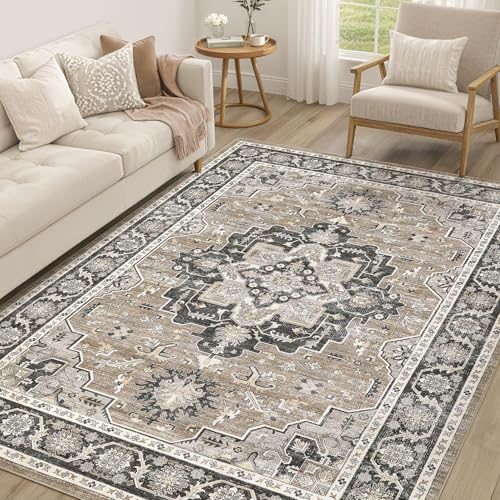 cotiled 5x8 Area Rug for Living Room, Washable, Traditional, Black Brown