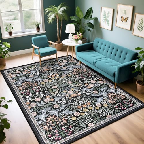 PLHXFR Area Rug Living Room: 5x7 Floral Washable Boho Carpet Dark Black