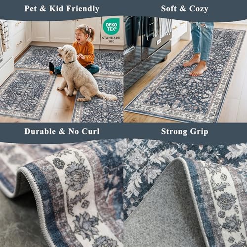 Washable Hallway Runner Rug 2x10: Non Slip Vintage Boho Carpet with Rubber Backing for Kitchen Entryway Hall Holiday Farmhouse Neutral Cream Long Runners (Blue,2'x10')