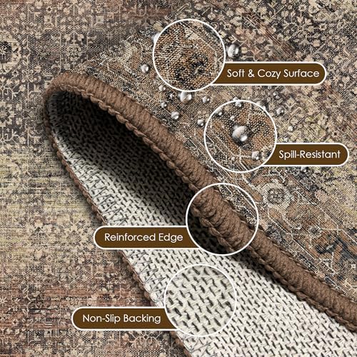 Washable Area Rug 9' x 12' Vintage Traditional Persian Mat - Foldable Distressed Non-Slip Machine Washable Carpet for Living Room Bedroom Kitchen Home Decor - Umber and Slate