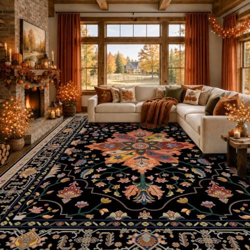 RELEANY Washable Area Rug, Large 9'x12', Black/Colorful