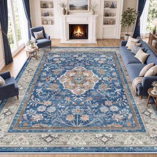 SameBed 8x10 Area Rug Living Room, Vintage Washable Carpet Blue