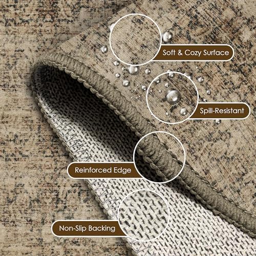 Washable Area Rug 4' x 6' Vintage Traditional Persian Mat - Foldable Distressed Non-Slip Machine Washable Carpet for Living Room Bedroom Kitchen Home Decor - Mocha and Taupe