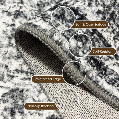 Washable Area Rug 6' x 9' Vintage Traditional Persian Mat - Foldable Distressed Non-Slip Machine Washable Carpet for Living Room Bedroom Kitchen Home Decor - Graphite and Mist