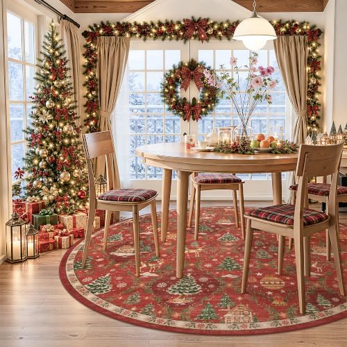 5x5 Washable Round Rugs for Living Room, Red Christmas Bedroom Area Rug