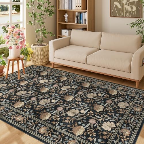 DUKINO 5x8 Area Rug, Vintage Floral Washable Rugs for Living Room, Black