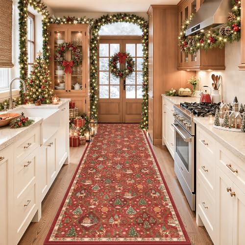 Christmas 3x10 Runner Rugs for Hallway, Red Non Slip Washable Kitchen Rug
