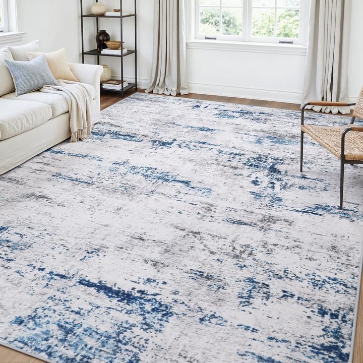 6x9 Area Rugs for Living Room Large Washable Abstract Rug White Gray Blue