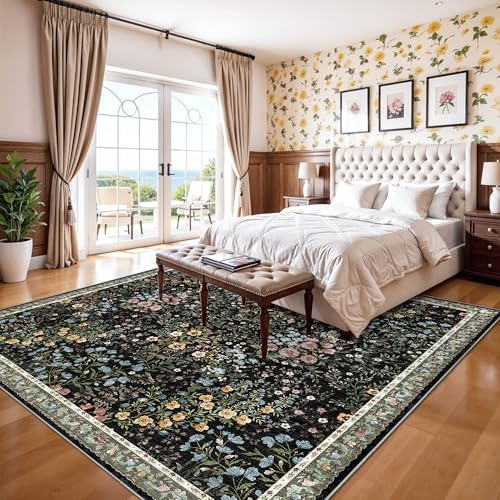 10x10 Square Area Rug Living Room: Boho Floral Washable Mat for Dining Room Bedroom Office High Traffic Area Soft Non Slip Low Pile Indoor Carpet for Vintage Farmhouse Home Decor (10ft Square, Black)