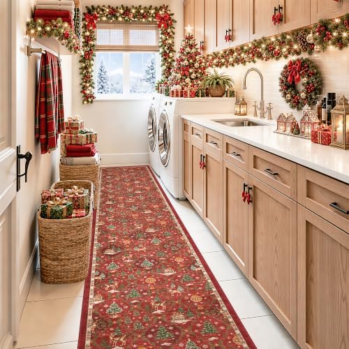 Christmas 2x12 Runner Rugs for Hallway, Red Non Slip Washable Kitchen Rug