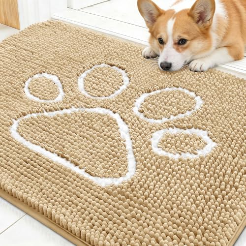 OLANLY Dog Door Mat for Muddy Paws 30x20, Paw Print Design Chenille Mud Mat