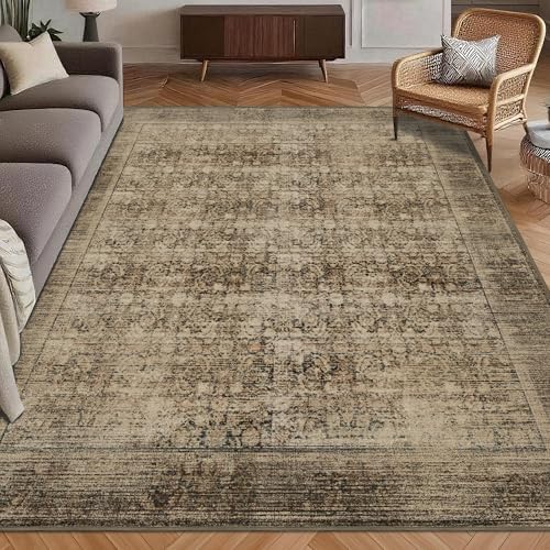 Washable Area Rug 4' x 6' Vintage Traditional Persian Mat - Foldable Distressed Non-Slip Machine Washable Carpet for Living Room Bedroom Kitchen Home Decor - Mocha and Taupe