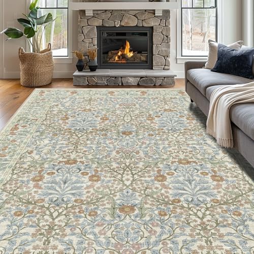 8x10 Washable Area Rugs for Living Room Soft Carpet (Beige Blue)