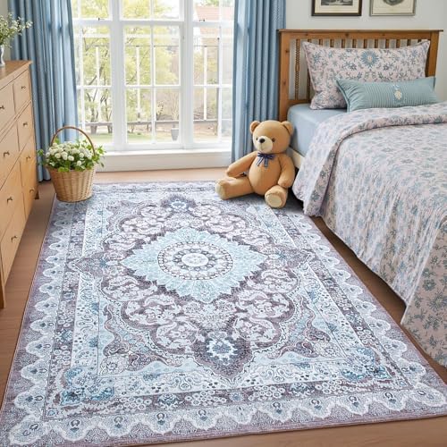 Macgace Washable Vintage Area Rug for Living Room, 5x7 Rugs Blue & Brown