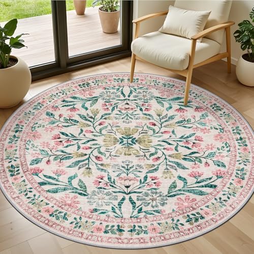 PLHXFR Round Area Rug Living Room: 4 ft Floral Washable Carpet Pink Green