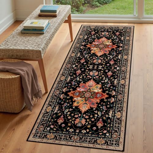 RELEANY Washable Area Rug, Runner 3'x8', Black/Colorful