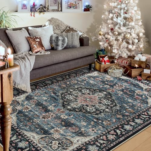 Amearea Vintage Design Area Rug for Living Room, 4x6 Navy Blue Bedroom Rug