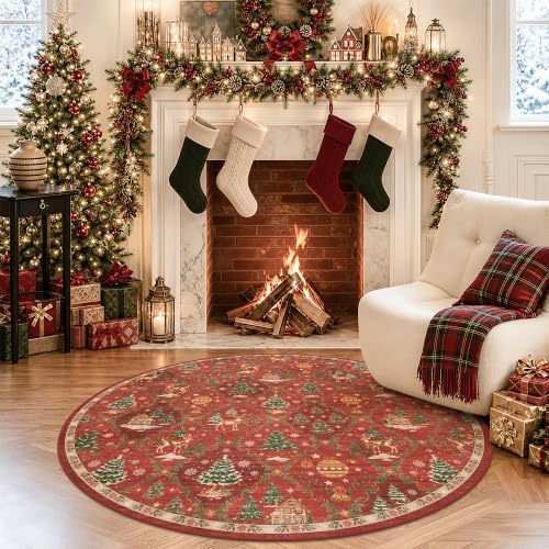 5x5 Washable Round Rugs for Living Room, Red Christmas Bedroom Area Rug