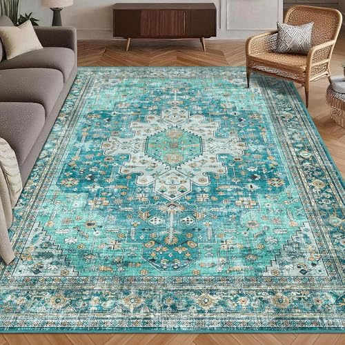 Washable Area Rug 9' x 12' Vintage Traditional Persian Mat - Foldable Distressed Non-Slip Machine Washable Carpet for Living Room Bedroom Kitchen Home Decor - Teal and Gold