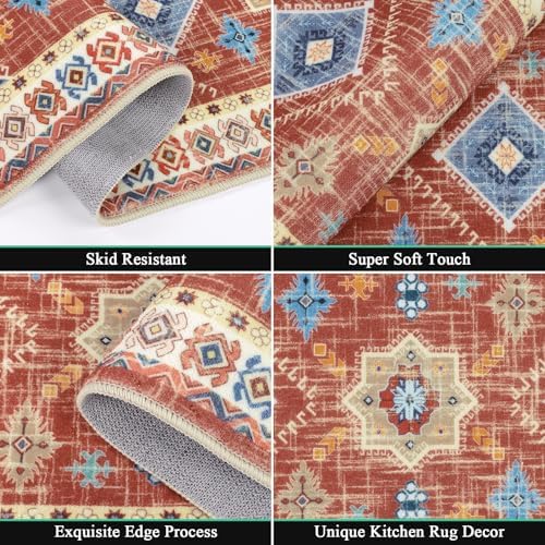 HEBE Boho Kitchen Rugs Set of 3, Non Slip Washable Kitchen Mats for Floor