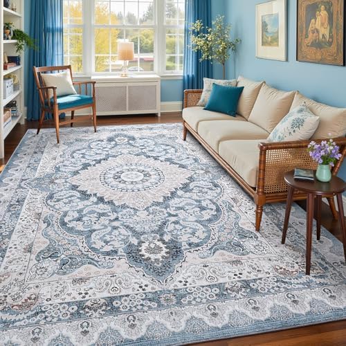 Macgace Washable Vintage Area Rug for Living Room, 6x9 Rugs Blue & Beige