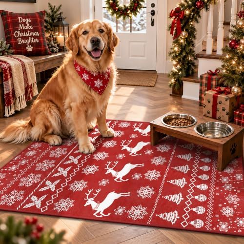 2x3 Christmas Holiday Area Rug, Washable Non‑Slip Low‑Pile Xmas Small Rug for Entryway Foyer Hallway Kitchen, Winter Indoor Christmas Home Decor(Red Sweater Deer)