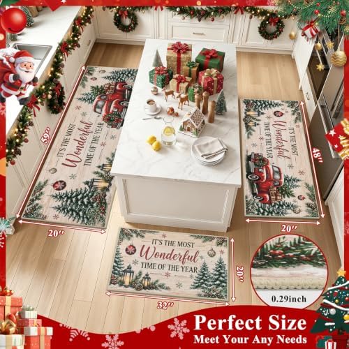 HEBE Christmas Kitchen Rugs Set of 3, Beige Washable Kitchen Mats for Floor