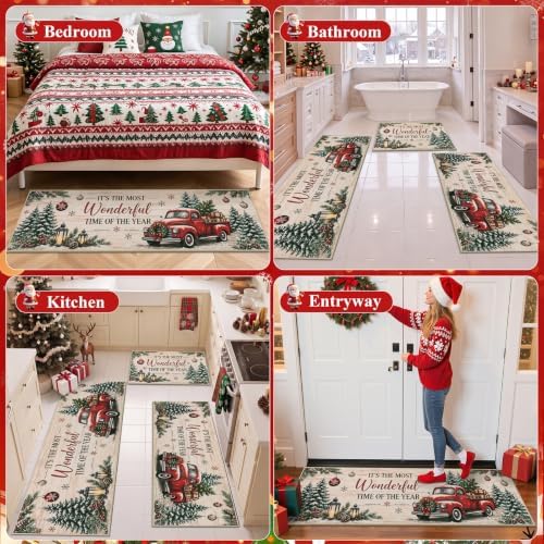 HEBE Christmas Kitchen Rugs Set of 3, Beige Washable Kitchen Mats for Floor