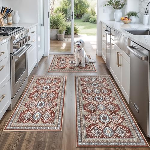 Washable Non-Slip Kitchen Rugs Set of 3 – Boho Soft Mats and Runner for Bathroom, Entryway, Hallway Room – Stain-Resistant Low-Pile Indoor Carpet (Red, 2x3+2x4+2x5)