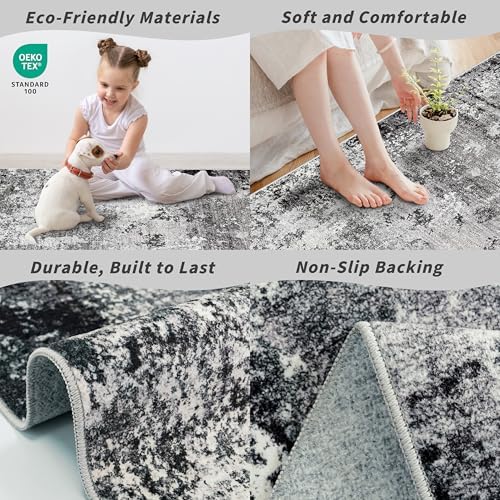 3x6 Non-Slip Washable Kitchen Rug - Soft Wide Indoor Carpet Runners for Entryway, Hallway, Bathroom with Rubber Backing, Modern Distressed Low-Pile Thin Floor Runner (Black Grey,3x6)