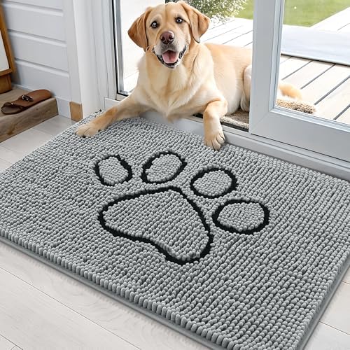 OLANLY Dog Door Mat for Muddy Paws 36x24, Paw Print Design Chenille Mud Mat
