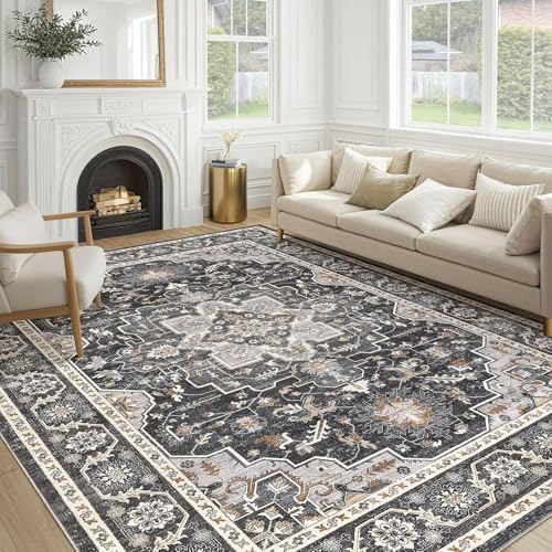 cotiled 9x12 Area Rug for Living Room, Washable, Traditional, Black