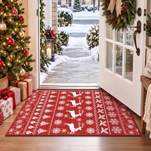 2x3 Christmas Holiday Area Rug, Washable Non‑Slip Low‑Pile Xmas Small Rug for Entryway Foyer Hallway Kitchen, Winter Indoor Christmas Home Decor(Red Sweater Deer)