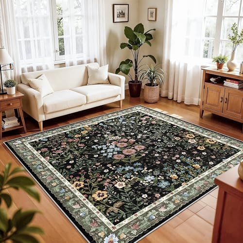 6x6 Washable Area Rug Living Room: Floral Non-Slip Washable Mat for Indoor Floor Dining Room Bedroom High Traffic Area - Soft Low Pile Carpet for Vintage Boho Home Decor (6ft Square, Beige)