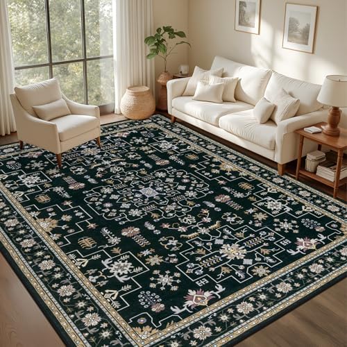 5x7 Area Rugs Living Room: Washable Vintage Rug for Bedroom Black