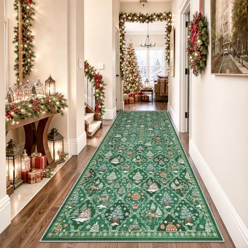 Christmas 3x8 Washable Kitchen Runner Rug, Green Non Slip Low Pile Rug