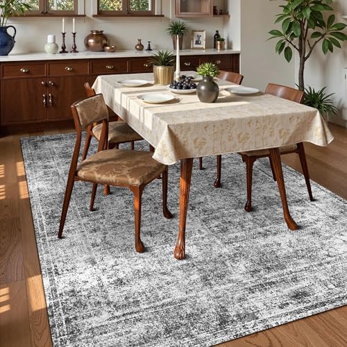 Washable Area Rug 6' x 9' Vintage Traditional Persian Mat - Foldable Distressed Non-Slip Machine Washable Carpet for Living Room Bedroom Kitchen Home Decor - Graphite and Mist