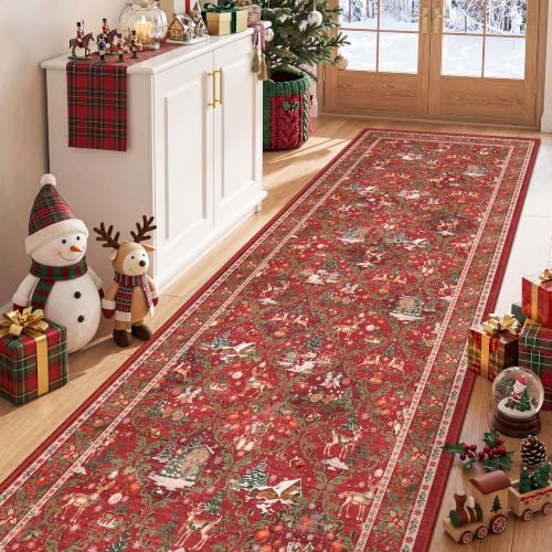3x8 Christmas Runner Rug for Hallway,Washable Kitchen Rug,Red